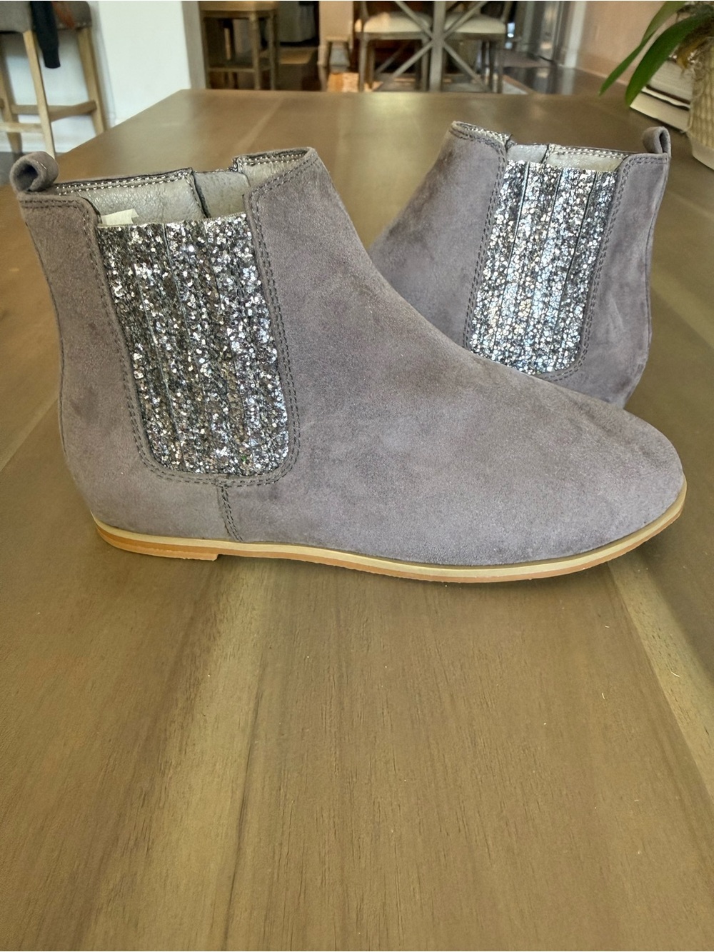 Yosi Samra Girls Gray Chelsea Boots with Silver Glitter Panels